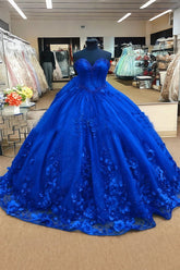 Linda |Hot Sweetheart Royal Blue Quince Dress Beaded Flowers with Bow - Royal Blue - PromDressClub